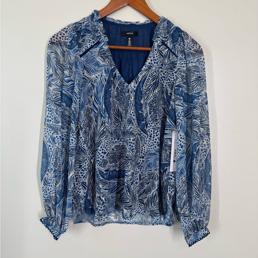 Aqua Blue and White Printed Relaxed Blouse soft & lightweight *NWT*